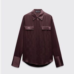 Zara Women Button Up Shirt Size S Burgundy Satin effect Long Sleeve